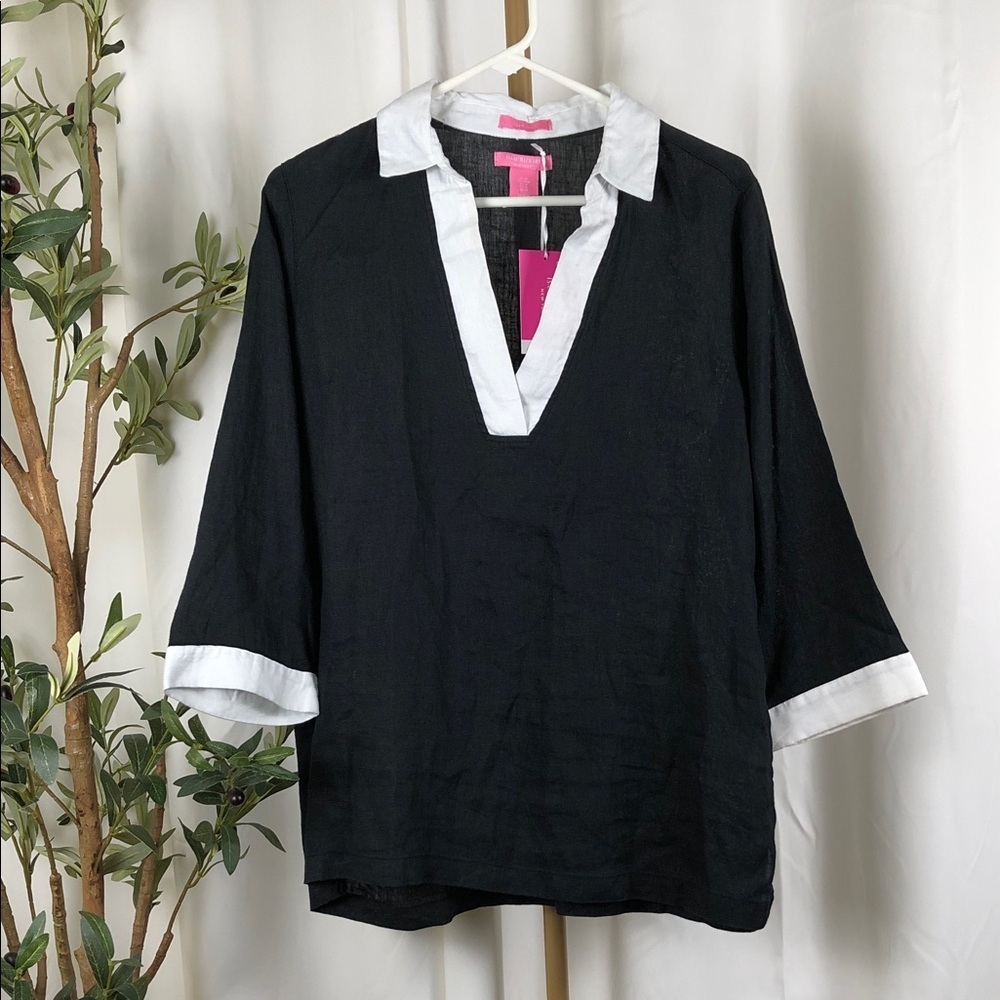 Isaac Mizrahi Black and White V-Neck Linen Blouse Sz M (T4)